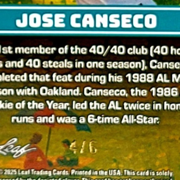 2025 Jose Canseco 4/6 Saturday in the Park SSP Oakland A's Hall Of Fame - Picture 2 of 3